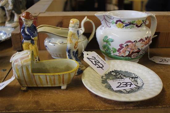 19C Prattware cradle, Prattware jug, a moulded jug, creamware plate & 2 pearlware figures (faults)